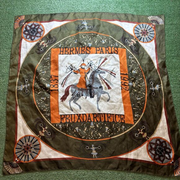 VINTAGE HERMES FEUX D’ARTIFICE FIREWORKS Green SILK SCARF WRAP 1937-1990 34X34 - Picture 1 of 5